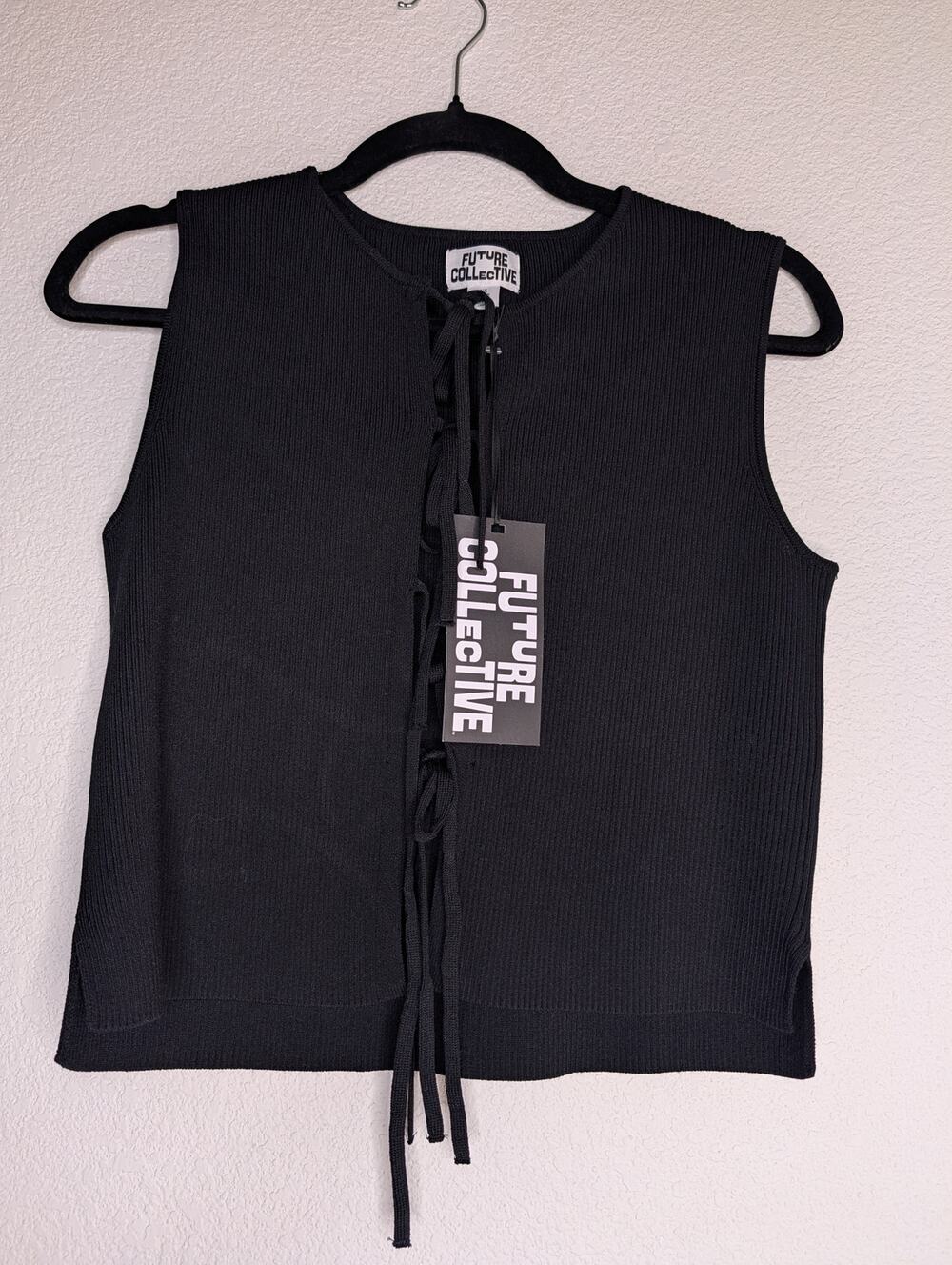 Future Collective NWT Y2K Front Tie Babydoll Tank Black XS Ribbed Capsule Basic